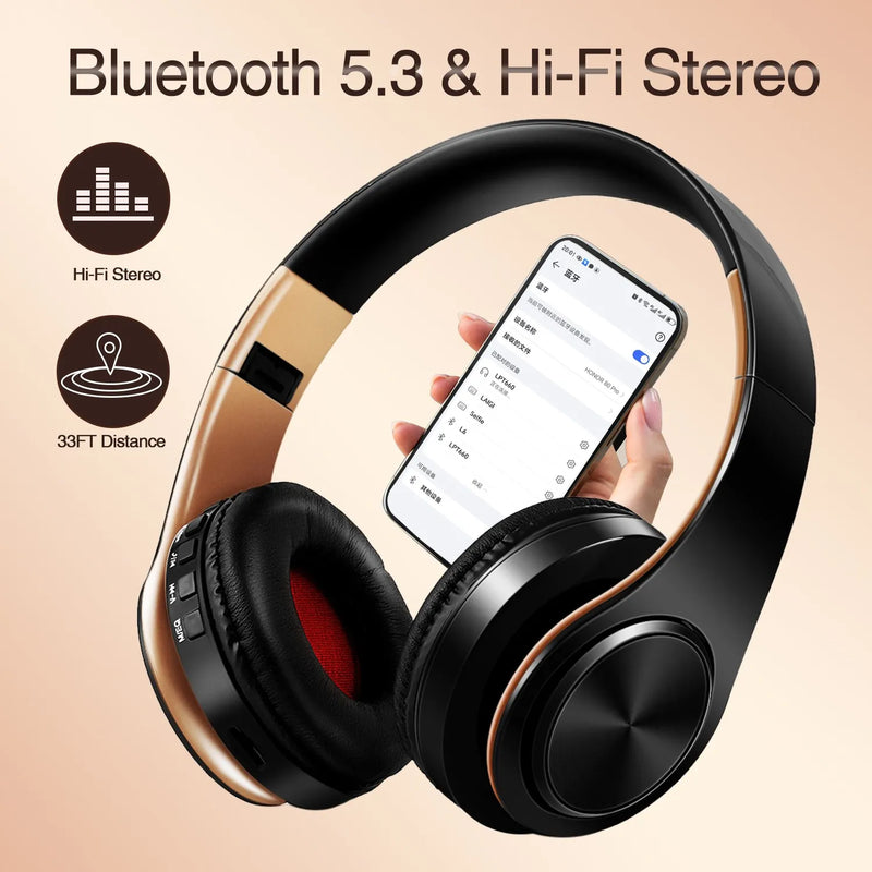 Gold Wireless Bluetooth Headphones for Men – Stereo Gaming Headset with Built-in Mic